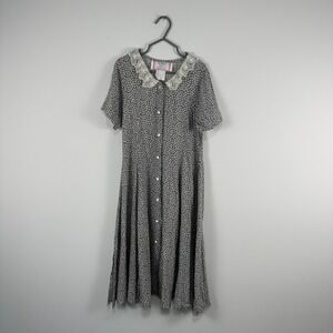 Tulip Vintage 90s‎ Floral Lace Collar Button Front Rayon Midi Dress Blue Pink 8